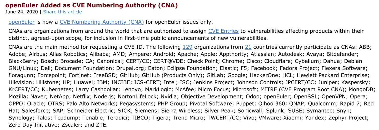 openEuler 成为 CNA，可分发与管理 CVE 编号_手机新浪网