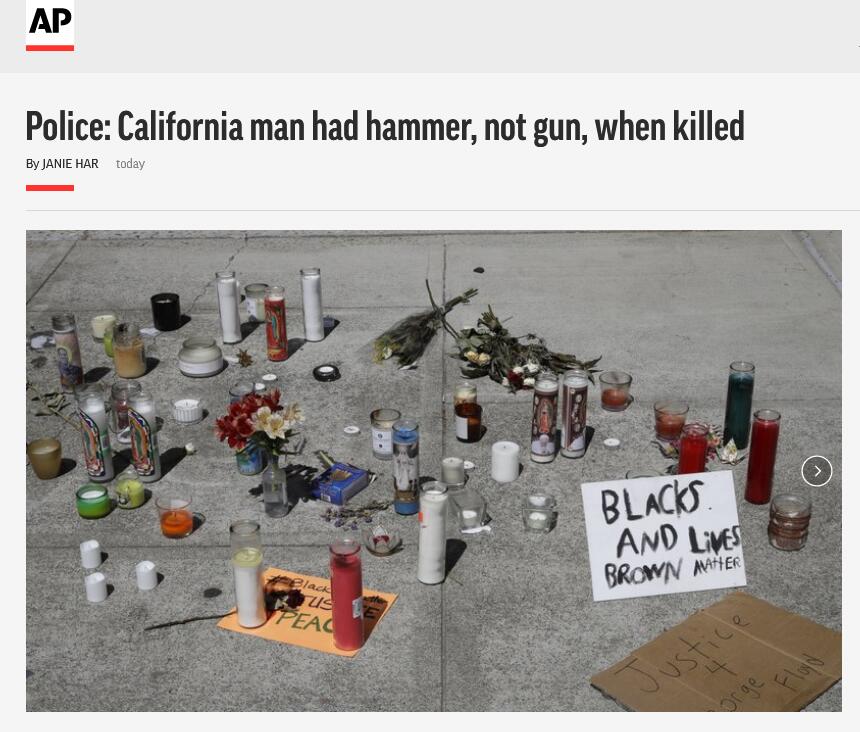 环球网带着锤子被误认作手枪，美国22岁男子跪地时被警察枪杀