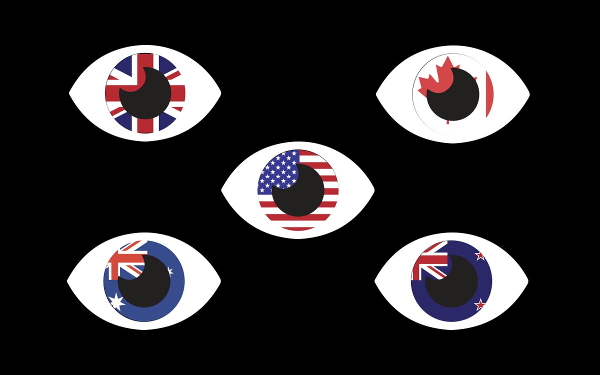 五眼联盟国家：英国、加拿大、美国、澳大利亚、新西兰。五眼联盟最初起源于二战年代，是一个跨国情报联盟。冷战期间曾用于监视、分享前苏联和中东欧国家的情报。