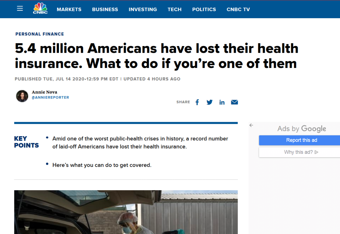 △CNBC发表文章《540万美国成年人没有医疗保险，如果你是其中一员该怎么办》