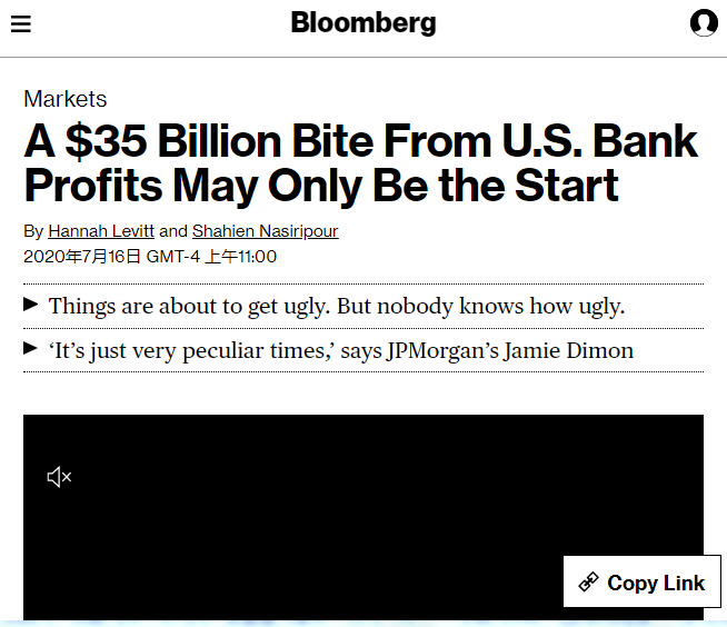 △彭博社称，美国银行业从从利润中拨备了350亿美元，或许只是个开始