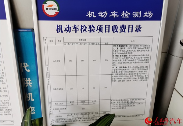 北京市某机动车检测场内的检验项目收费目录。 （胡挹工 摄）