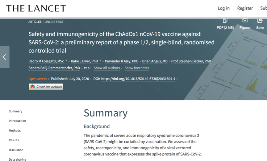 △牛津大学主导的疫苗试验结果在线发表在《柳叶刀》上