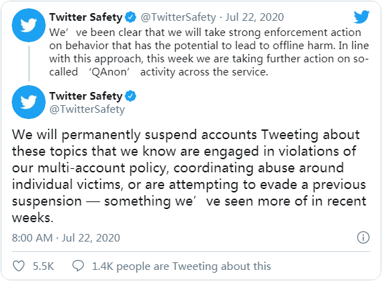 推特封禁7000个与QAnon组织相干账号