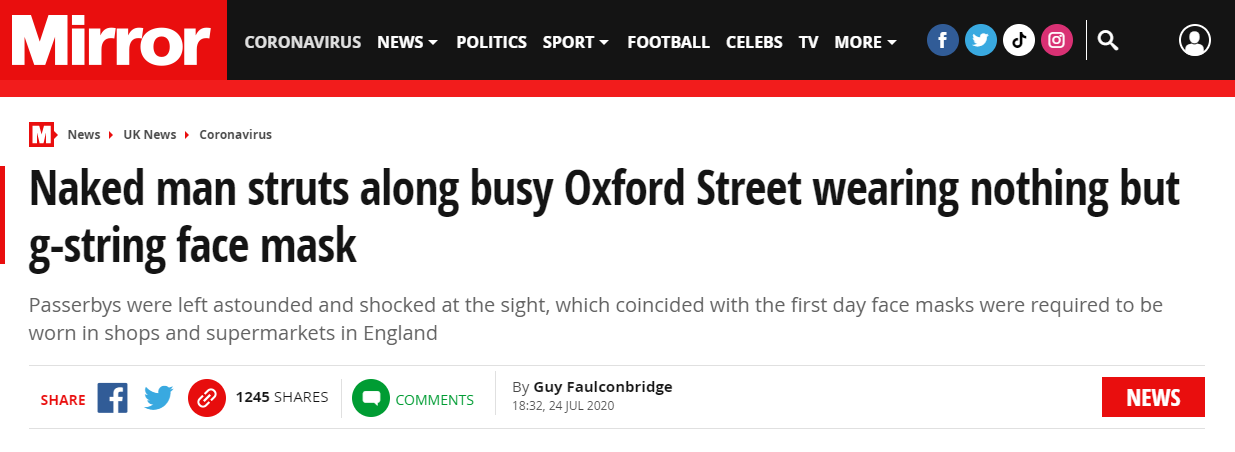 「裸体上街」伦敦男子裸体上街 仅用口罩遮敏感部位(图)