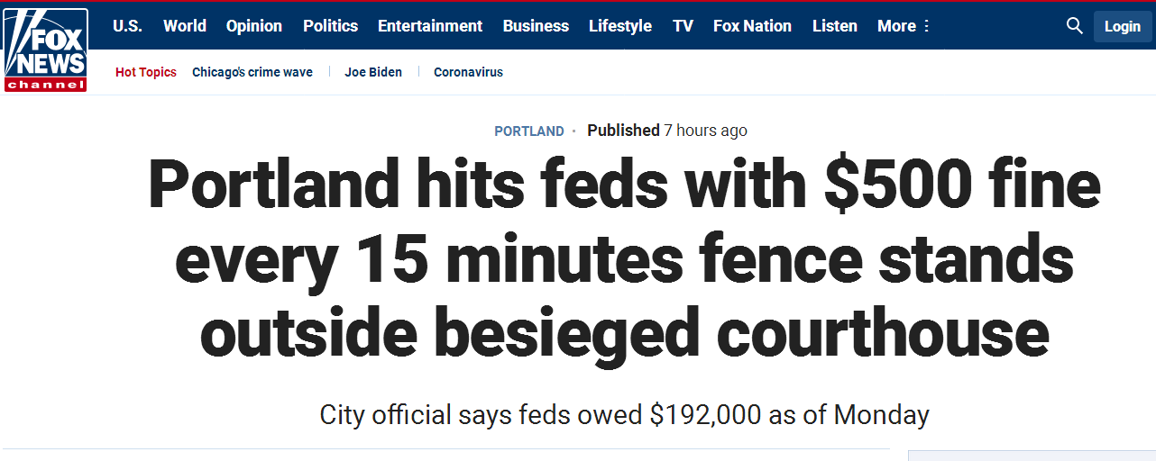 福克斯新闻报道：联邦政府被波特兰市处以每15分钟500美元罚款