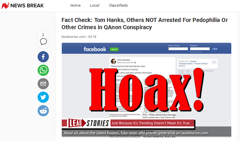 《新闻周刊》也表示经事实核查：汤姆·汉克斯没有因恋童癖或其他罪名被捕，这一消息是“QAnon”的阴谋论