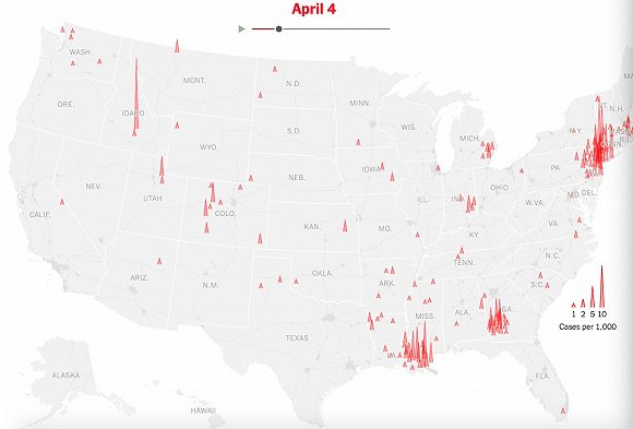  4月4日美国疫情分布图。图片来源：《纽约时报》
