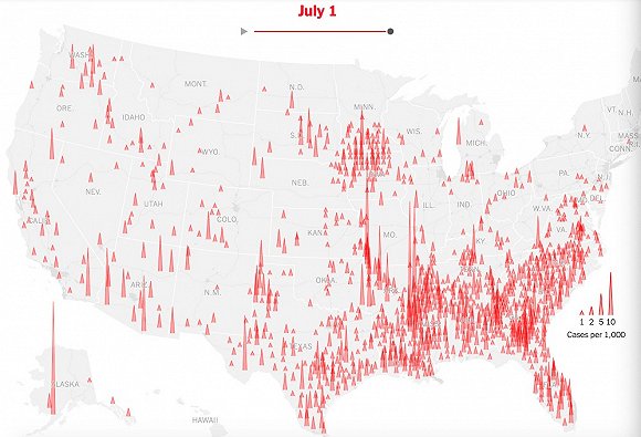  7月1日美国疫情分布图。图片来源：《纽约时报》