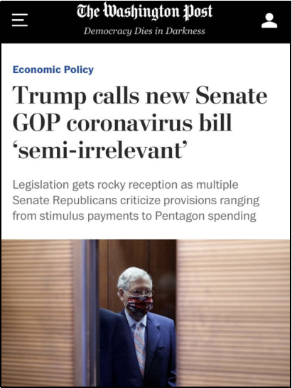 △《华盛顿邮报》报道，特朗普总统对共和党的救助提案不表支持，共和党内部亦分歧较多。