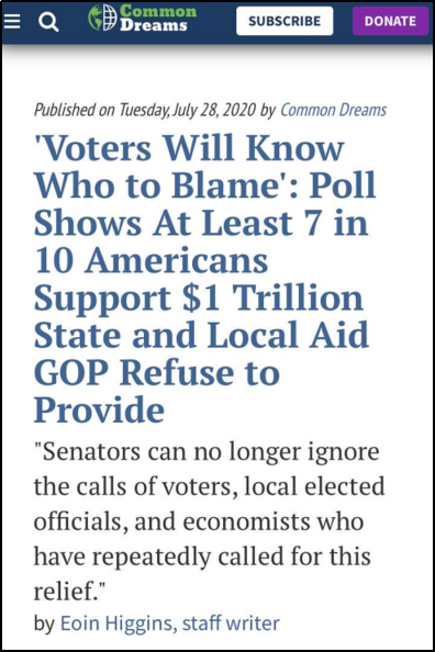 △《共同梦想》指出，最新民调显示，至少70%的美国民众支持对地方进行财政援助。