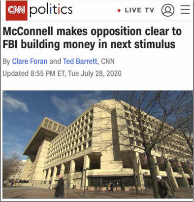 △CNN报道，参院多数党领袖、共和党人麦康奈尔表示，他本人不支持将FBI大楼的翻新费用纳入纾困法案。