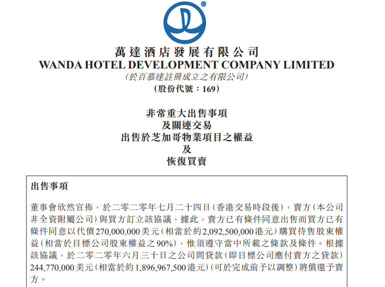 盘中大涨近90% 万达酒店发展2.7亿美元出售美国项目