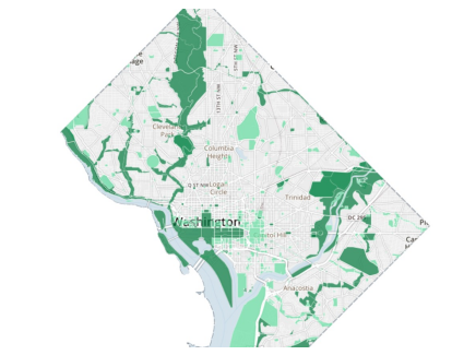 △华盛顿特区地图。绿色为联邦政府管辖的土地，包括国家广场、国会山等核心区域。