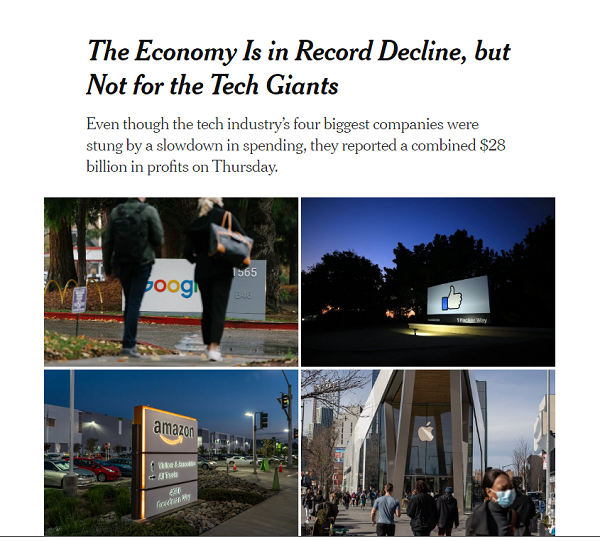 《纽约时报》称，美国经济创纪录衰退，但科技巨头却能置身事外