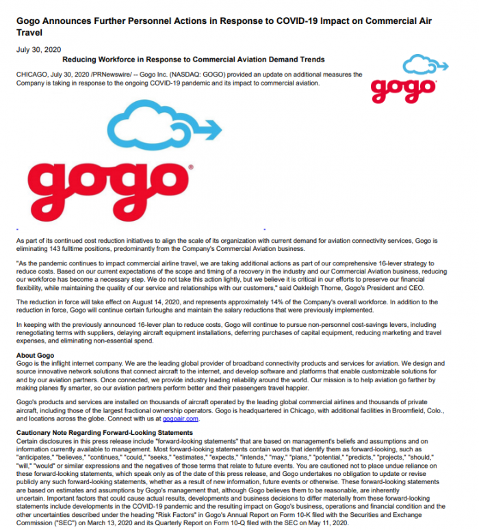 因航空业困境持续  机上Wi-Fi供应商Gogo宣布将裁员14%