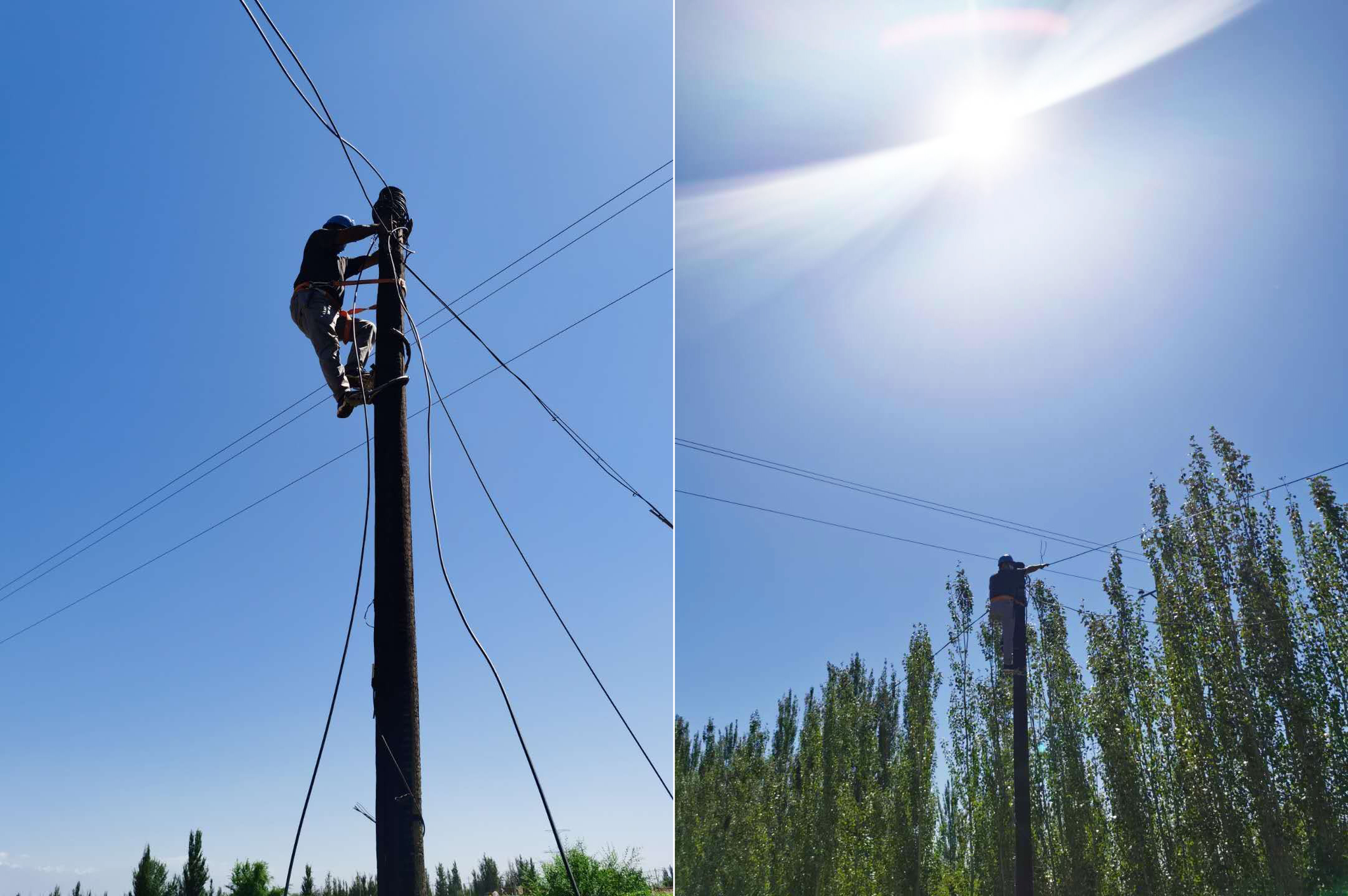 图5 40℃的吐鲁番骄阳下，架线杆早已晒得烫手，中国电信新疆吐鲁番分公司网络抢修队依然全副武装，坚持登上杆头进行高空作业。
