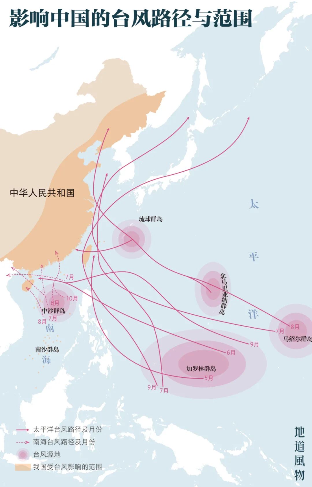 ▲ 影响中国的台风路径与范围。制图/王跃