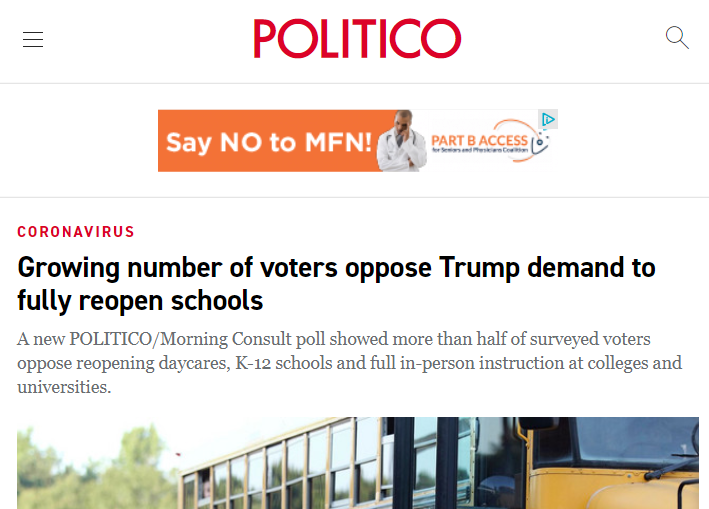 △《政客》报道称，越来越多的选民反对特朗普政府全面重启学校