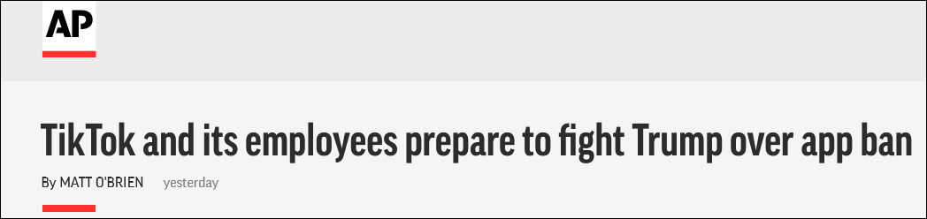 美联社：TikTok和其员工准备就应用程序禁令对抗特朗普