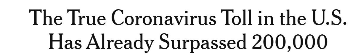 △《纽约时报》：美国新冠疫情真实死亡人数已经超过20万人