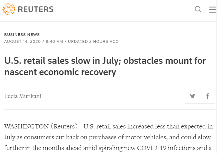 △ 路透社称，美国7月零售销售增速放缓，萌芽中的经济复苏面临诸多障碍