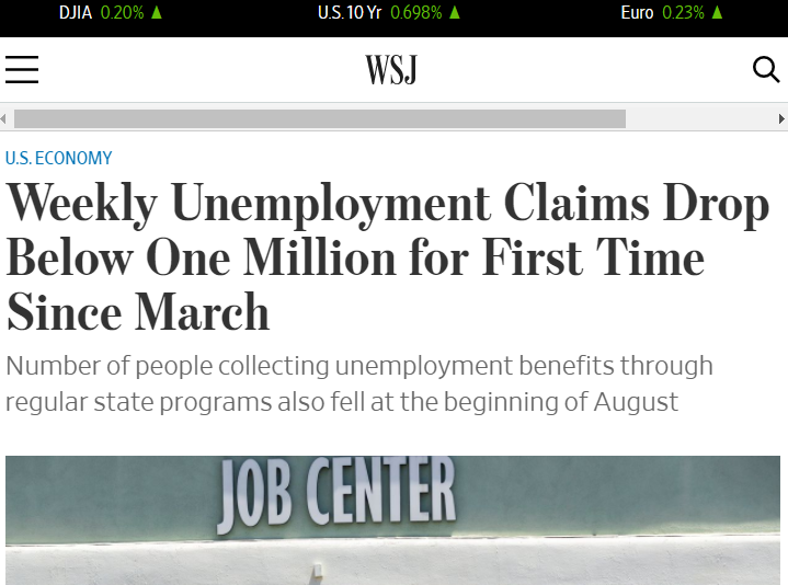 △《华尔街日报》称，这是3月疫情暴发以来，美国首次申请失业救济人数降至不到100万人