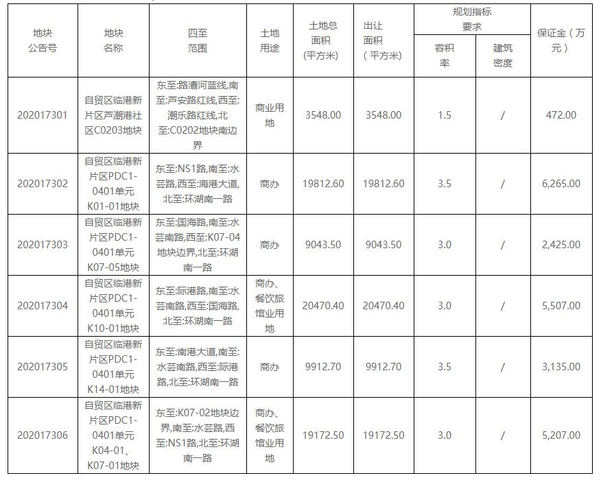 上海临港自贸区一日集中挂牌8宗地块 出让面积28.8万平方米