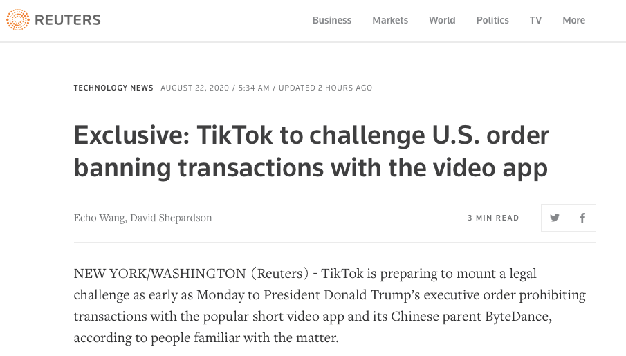 最早下周一TikTok将起诉美国政府 Alphabet也要争夺TikTok股权?