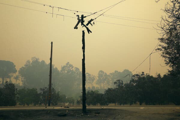 △被山火烧毁的供电线路（图片来源：《纽约时报》）
