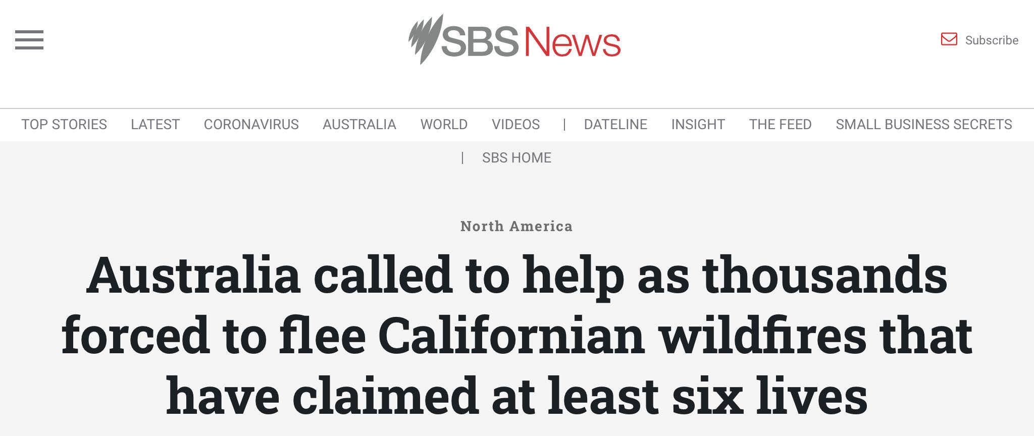 △澳大利亚SBS电视台：加州大火造成至少6人死亡、数千人被迫撤离，已向澳大利亚申请求助