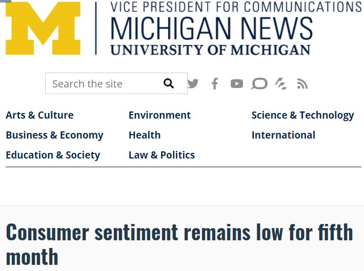 密歇根大学消费者信心指数显示，美国消费者信心连续五个月低迷