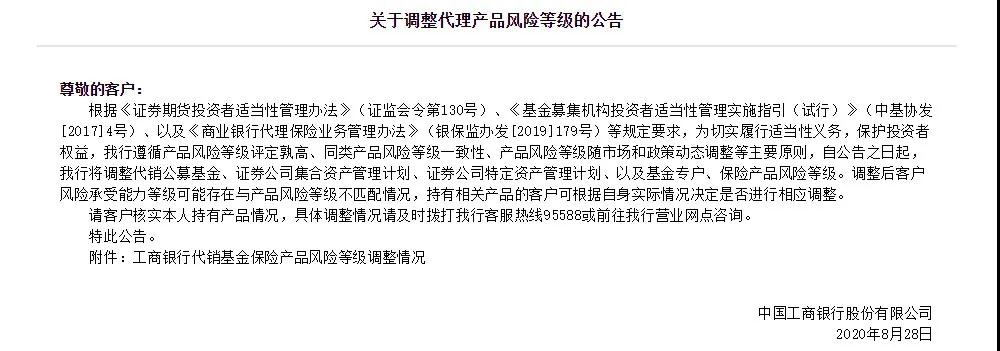 买基金别撒手不管！工行集中调整449只基金风险等级