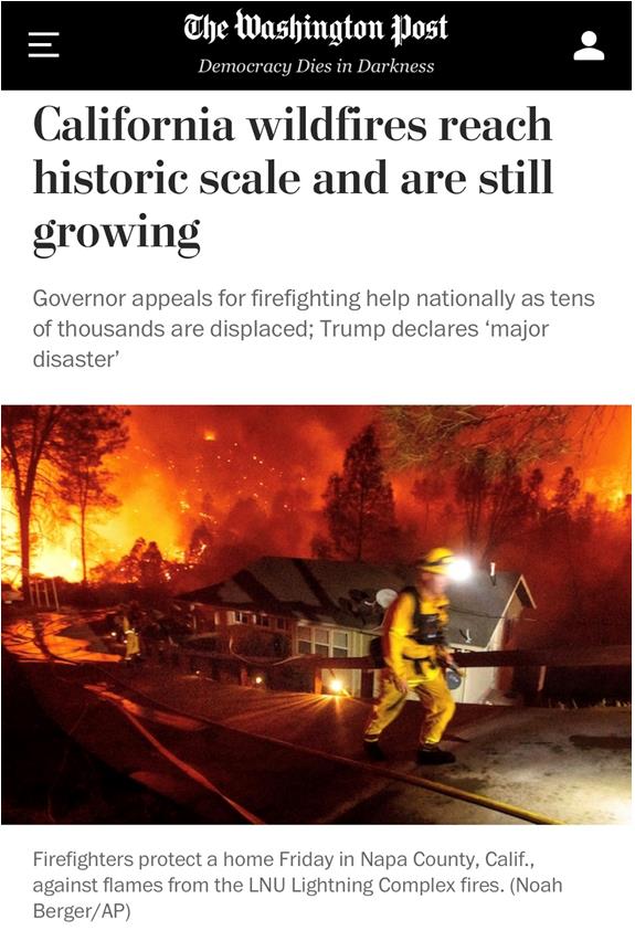《华盛顿邮报》：加州山火规模到达历史高点，还在继续增长。图为消防员在纳帕县和山火做抗争。