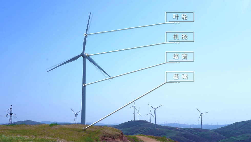 "大风车"是风电场主要发电设备 基本结构由 叶轮,机舱,塔筒和基础等