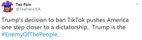 网民：特朗普禁止TikTok的决定是将美国近一步推向独裁统治。特朗普是“人民的敌人”。