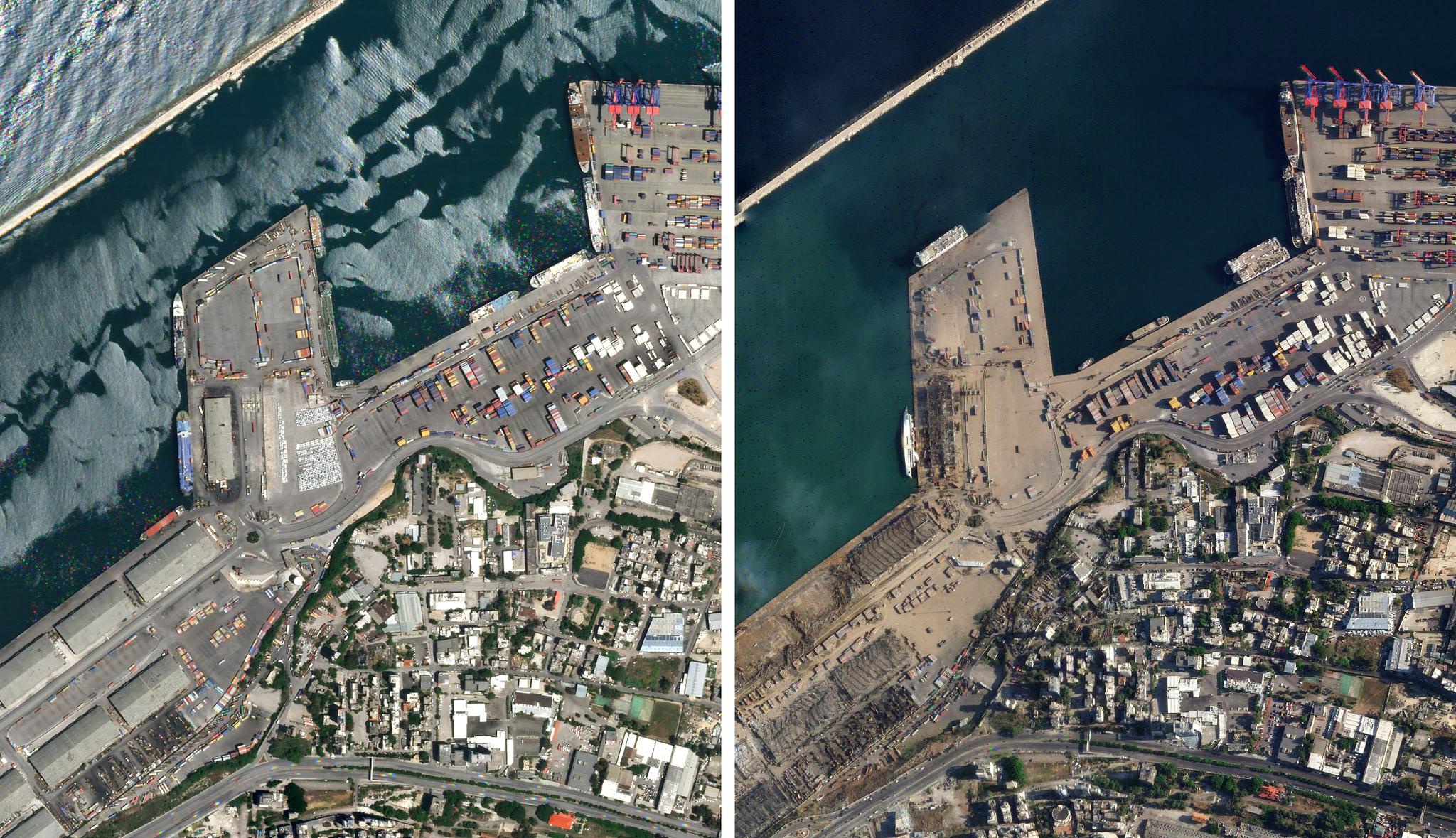 上图：爆炸前的贝鲁特港口（局部）。 下图：爆炸后的贝鲁特港口（局部）。爆炸中心西面，一艘停靠在岸边的集装箱船在爆炸中倾覆。