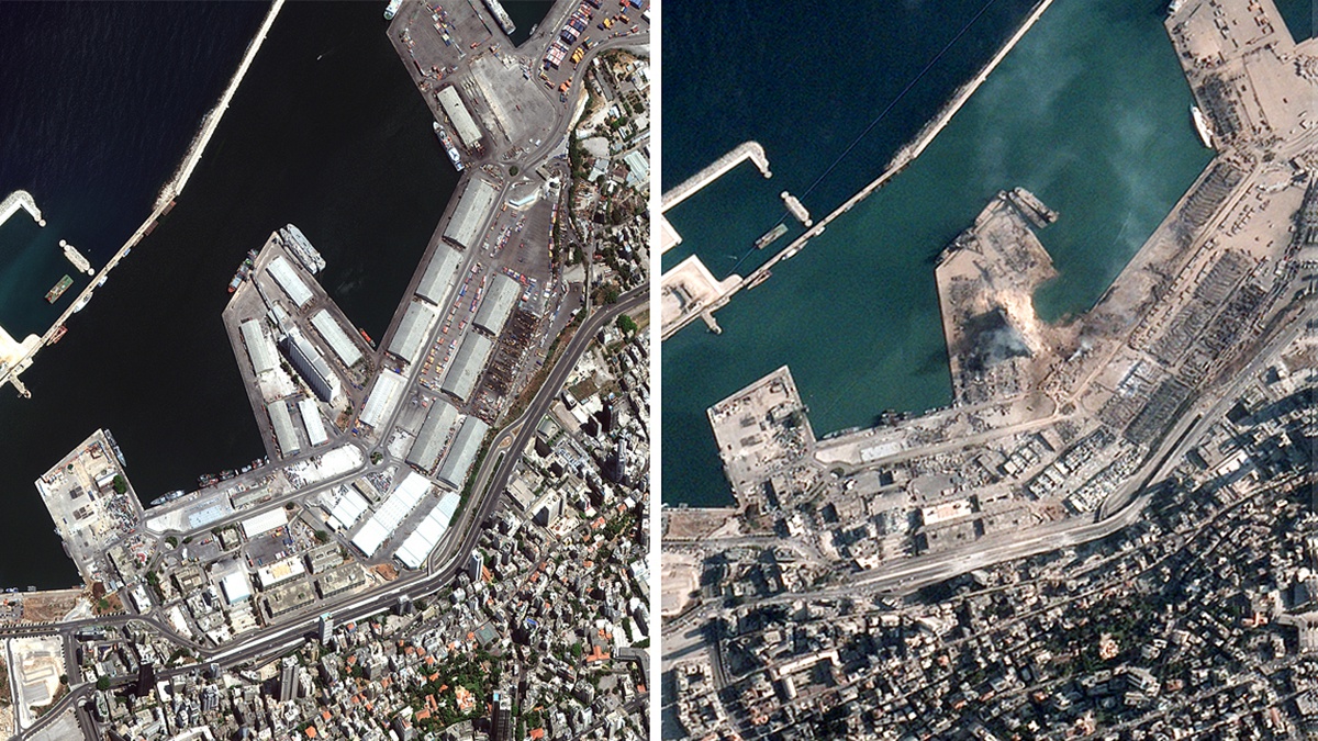 上图：爆炸前的贝鲁特港口。 下图：爆炸后的贝鲁特港口。附近建筑物几乎全被夷为平地。爆炸现场以南约300米的一条高速公路，被建筑物碎片覆盖。