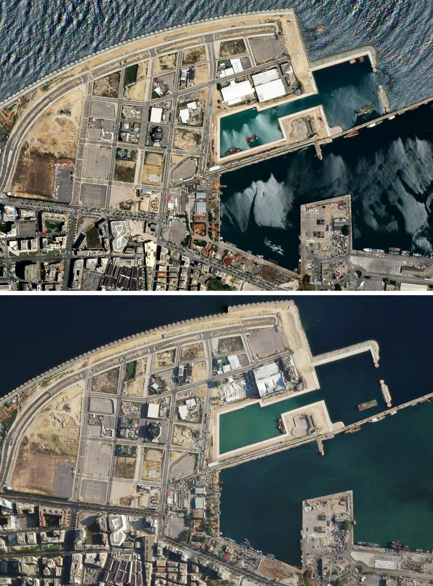 上图：爆炸前的贝鲁特港口（局部）。 下图：爆炸后的贝鲁特港口（局部）。爆炸中心东面，部分建筑物被夷为平地或房顶严重变形。