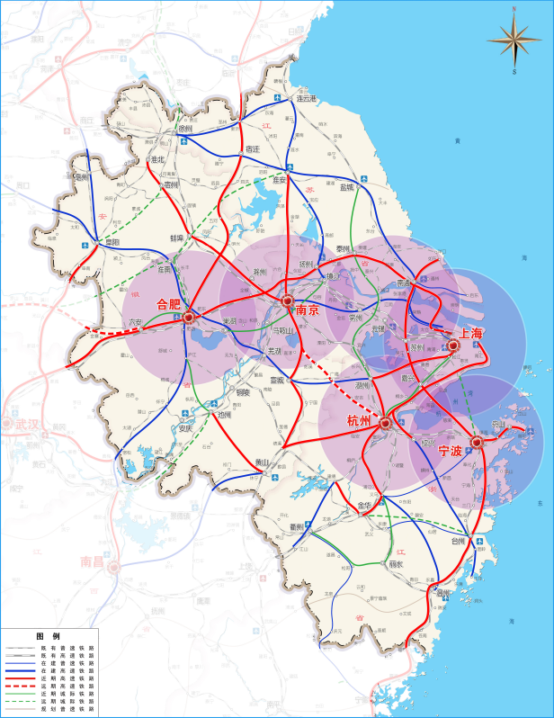 长三角地区轨道交通网规划示意图