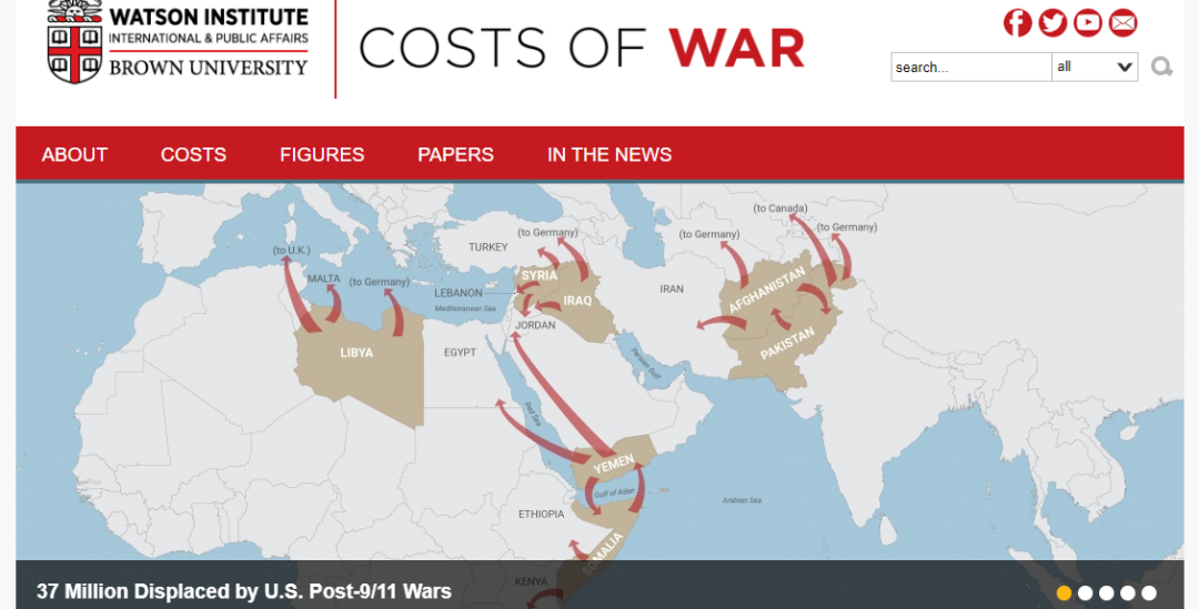 △“战争成本”（Cost of War）项目指出，美国的“反恐”战争已造成3700万人流离失所（图片来自该项目官网）