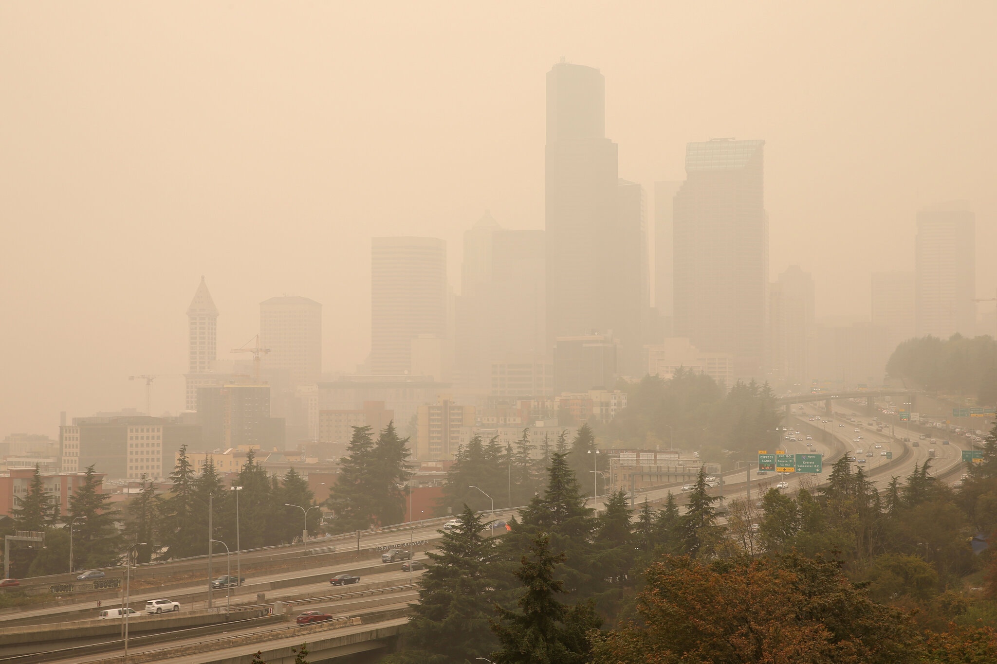 △山火产生的烟尘笼罩着华盛顿州西雅图市 图片来源：《纽约时报》
