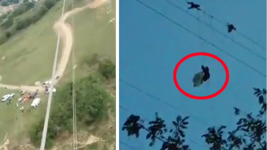 |外国男子玩滑翔伞被高压线缠住 悬挂150米高空