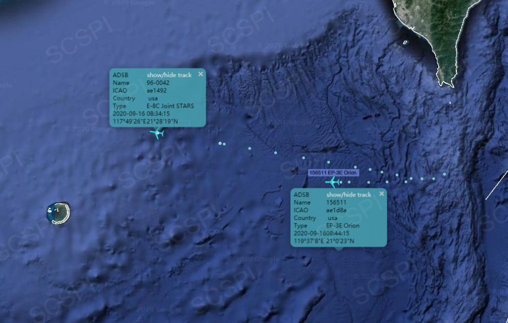 “南海战略态势感知”计划平台9月16日发布的美军侦察机在南海飞行路线