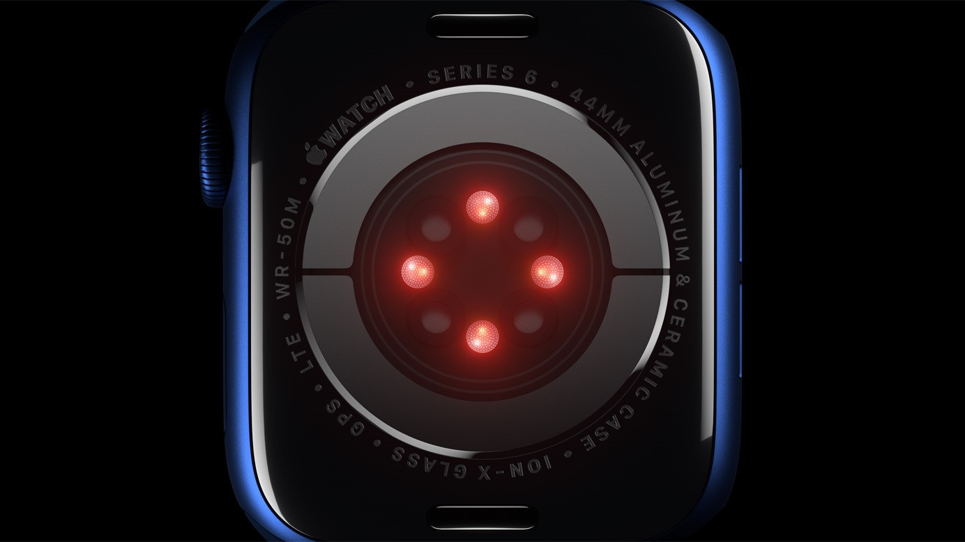 ▲ 血氧传感器集成在 Apple Watch Series 6 的水晶玻璃表背之中，由 LED 和光电二极管组成。