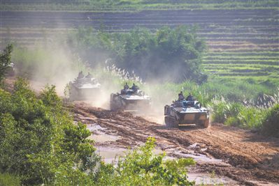 第73集团军某旅合成营战术演练中，“红四连”所在的装甲分队正在快速向战场机动。刘志勇 摄