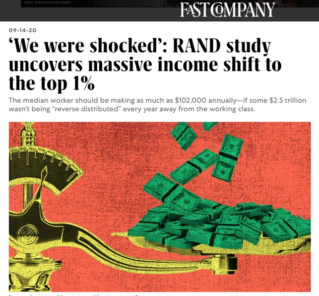 △美国知名商业月刊《快速公司》（Fast Company）报道，兰德公司研究显示，美国1%的人掌握着巨额社会财富