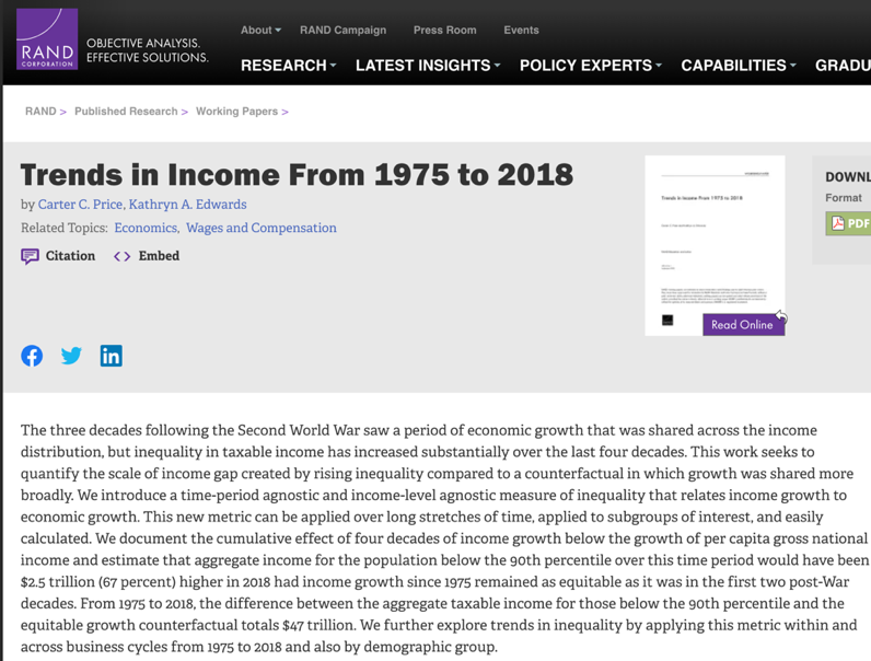 △兰德公司研究了1945年至今的美国收入分配和经济增长