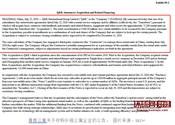 青客公寓关于收购长租公寓企业的公告。 图片来源：SEC