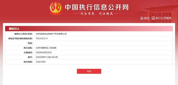 中国执行信息公开网截图，显示鸿坤地产被列为被执行人。